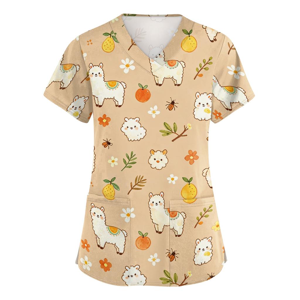 Damen V-Ausschnitt Kurzarm Arbeits-Top mit Taschen Tierprint Medizinisches Kasack-Shirt für medizinisches Fachpersonal Bequeme Passform Strapazierfähiges Gewebe