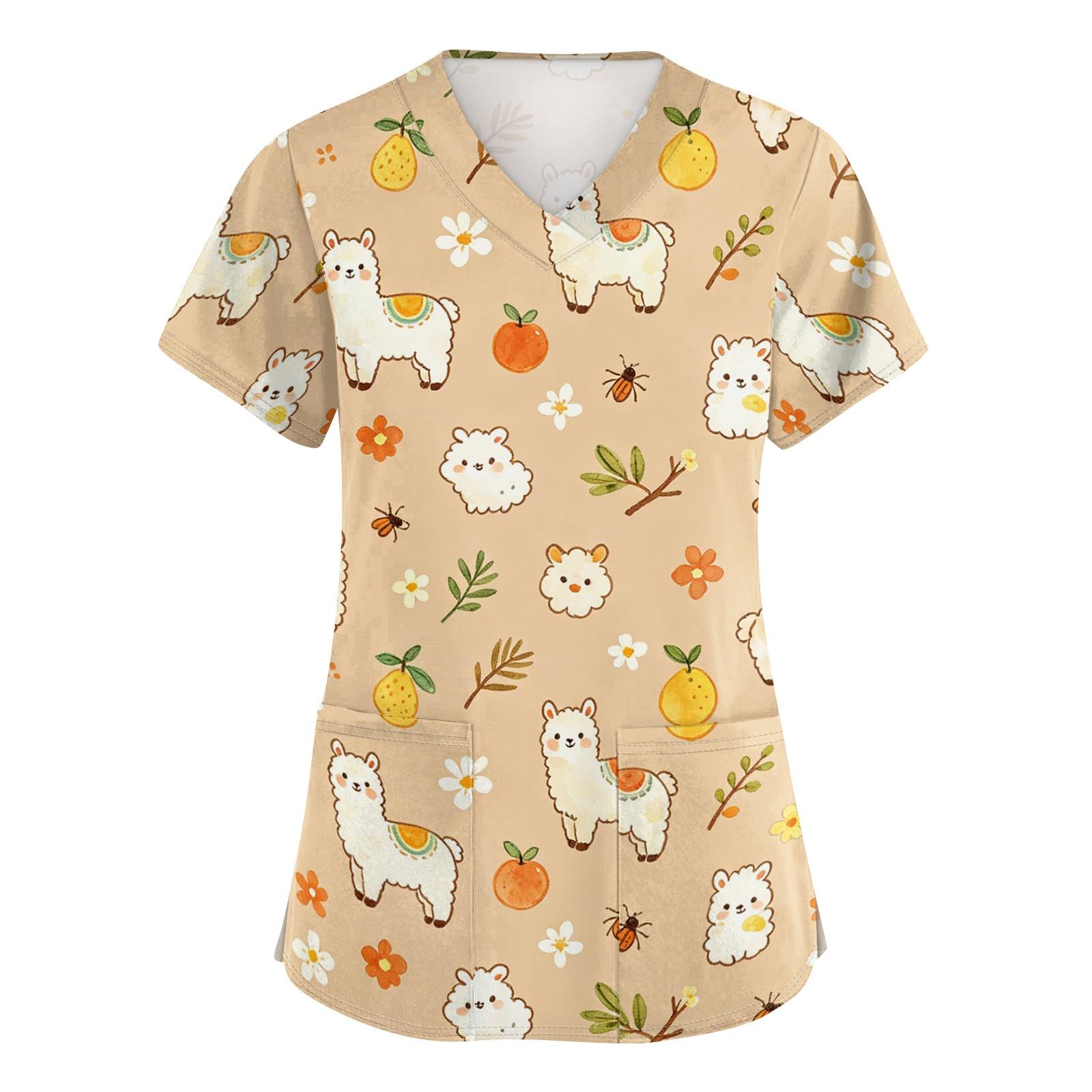 

Women V Neck Short Sleeve Work Top with Pockets Animal Print Medical Scrub Shirt for Healthcare Professionals Comfortable Fit Durable Fabric M