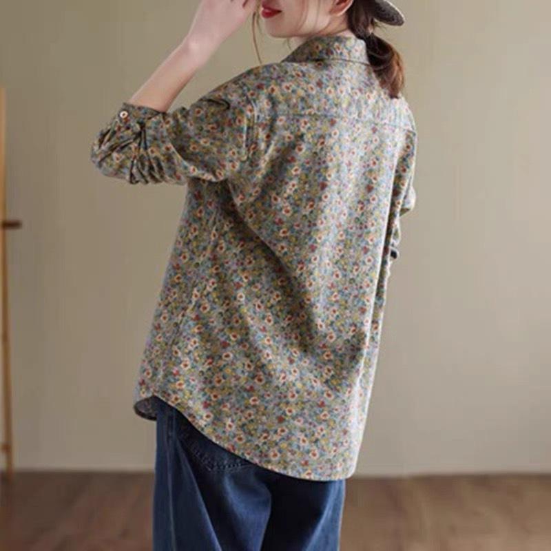 Women Long Sleeve Casual Shirts New Arrival Spring Vintage Style Floral Print Cotton Linen Ladies Elegant Tops