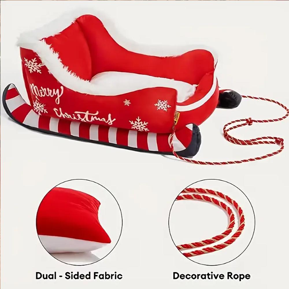 Christmas Sleigh Bed Removable Washable Plush Pet Warm Sofa with Non-Slip Base Christmas Cat Dog Nest for Winter Indoor Outdoor
