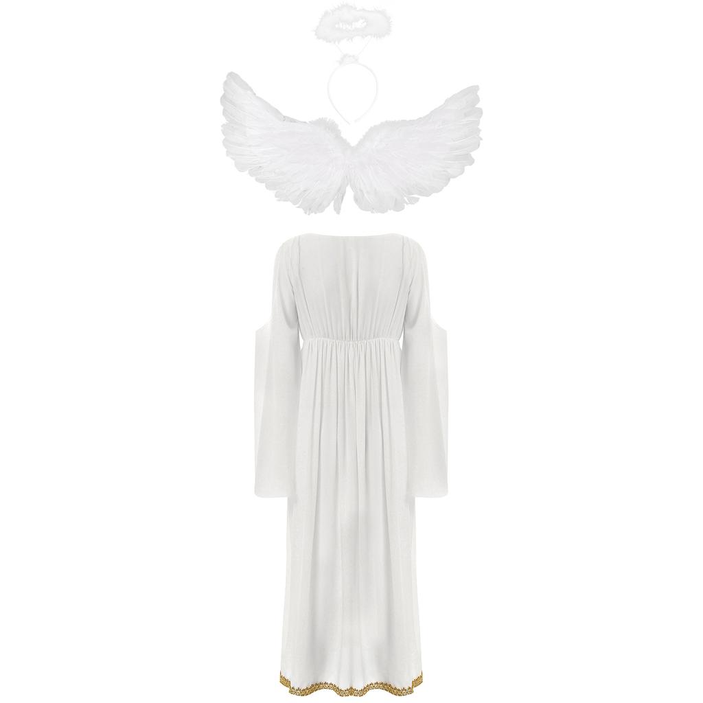 Dámský halloweenský kostým anděla Výstřih do V Odhalená ramena Zvonové rukávy Empírový střih Zlatá vlnitá lemovka Volné šifonové šaty