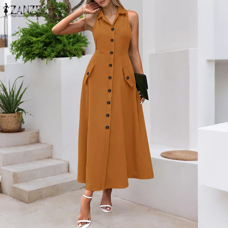 ZANZEA Women Summer Turn Down Collar Casual Sleeveless Long Dress