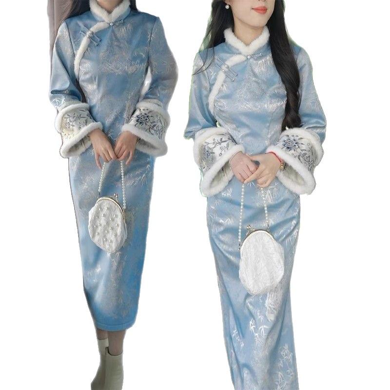 Blue Lady 2026 Winter Qipao: Velvet Plush Collar, Wide Sleeves Dress