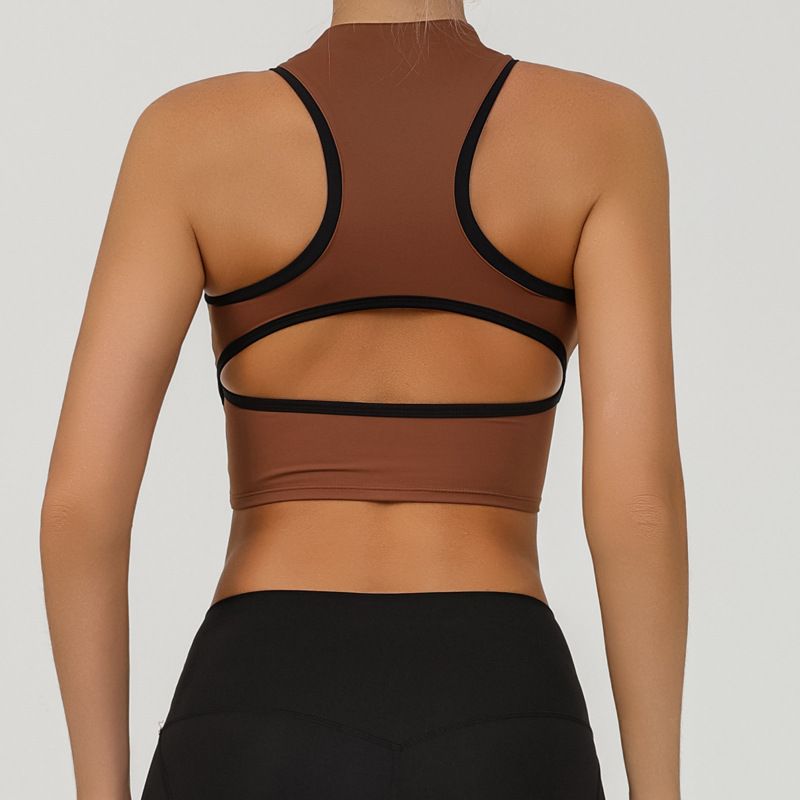 New Arrival Yoga Vest Women's Zip Chest Wrap Bubble Wrap Contrast Color I-Shaped Workout Beauty Back Short Tops Chest Pad Elastic