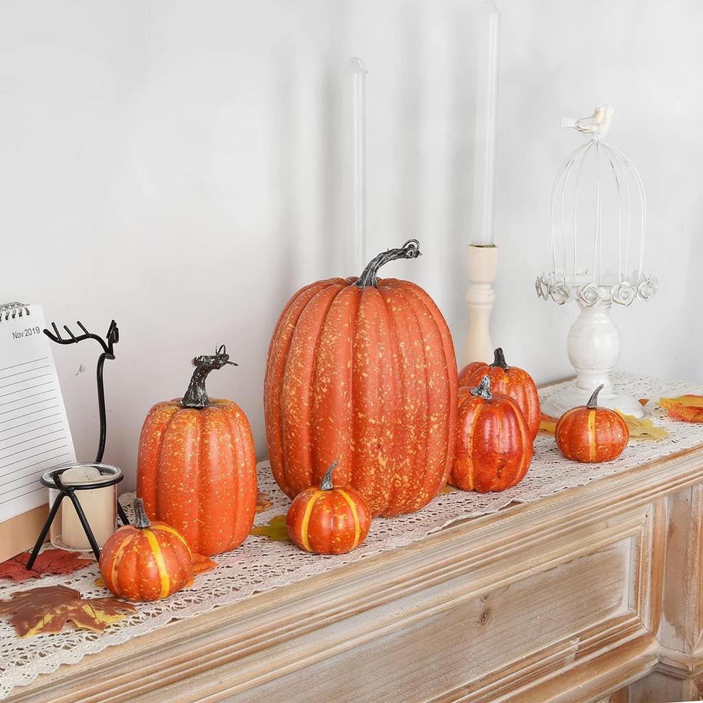 Artificial Pumpkins 7-Piece Halloween Artificial Foam Orange Pumpkins Seasonal Holiday Decorations for Fall Harvest Festival