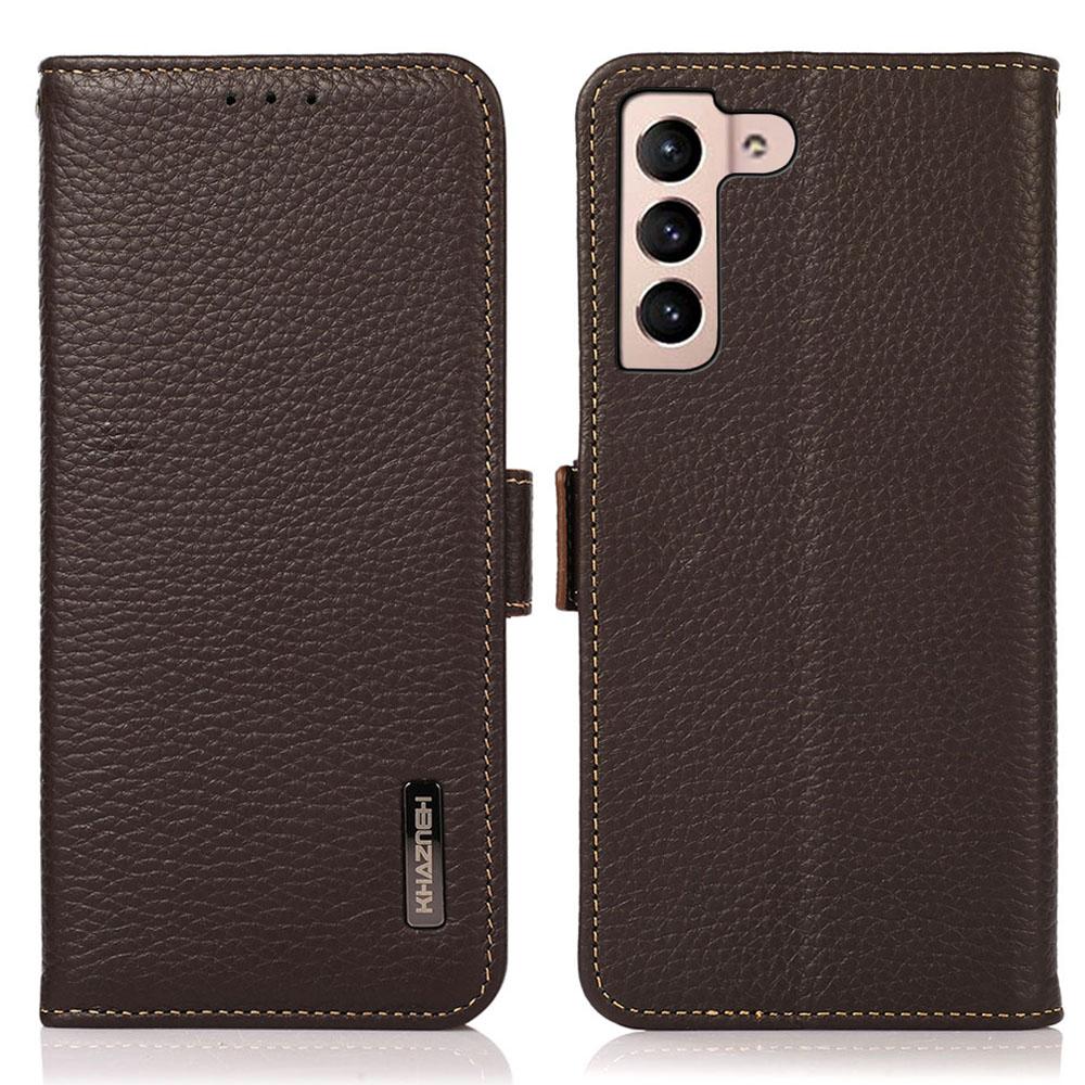 

KHAZNEH For Samsung Galaxy S25 FE Phone Case Genuine Cow Leather Cover RFID Blocking Brown