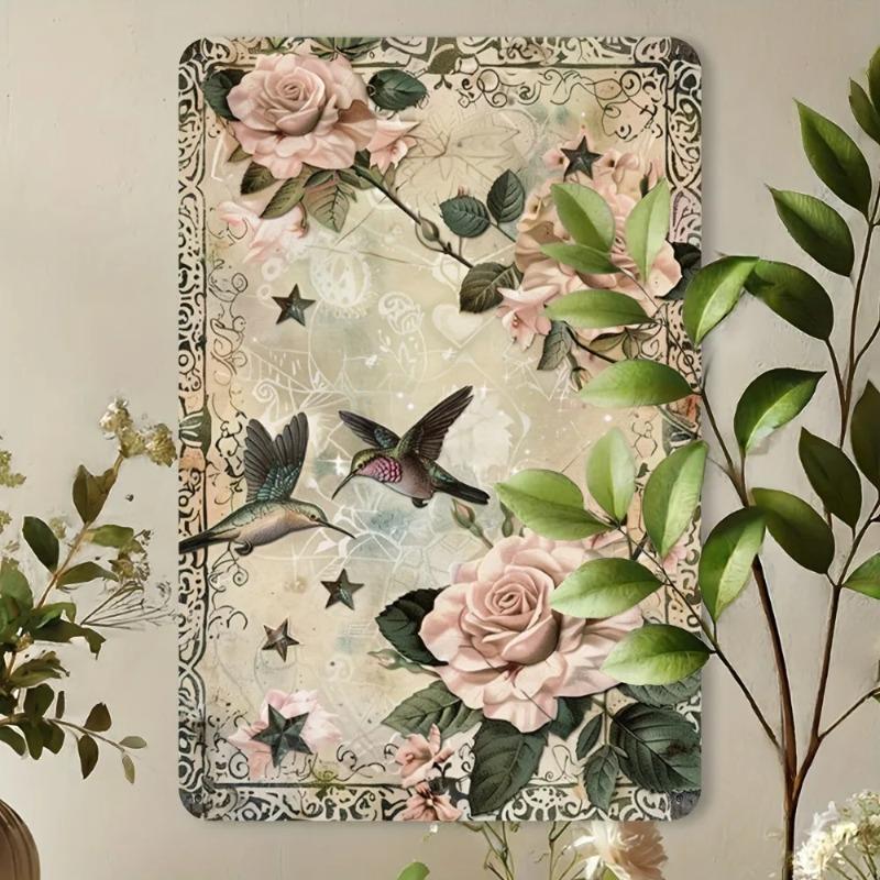 Metal Tin Sign Hummingbird Rose Vintage Wall Art 8x12 Home Bar Cafe Decor