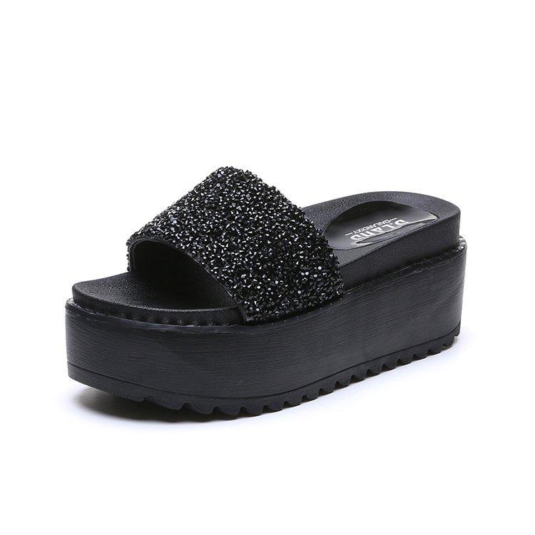 

Модные женские тапочки-слайдеры с металлическими заклепками и кристаллами, с открытым носком, на платформе, серебристого/оружейного цвета, сандалии-кексы, женские 6 чёрный