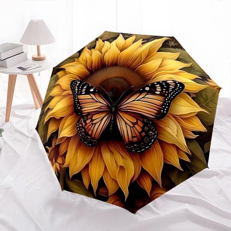1pc Sunflower & Butterfly Automatic Umbrella Design, Cute Cartoon Pattern, Portable Outdoor Umbrella, Perfect A082