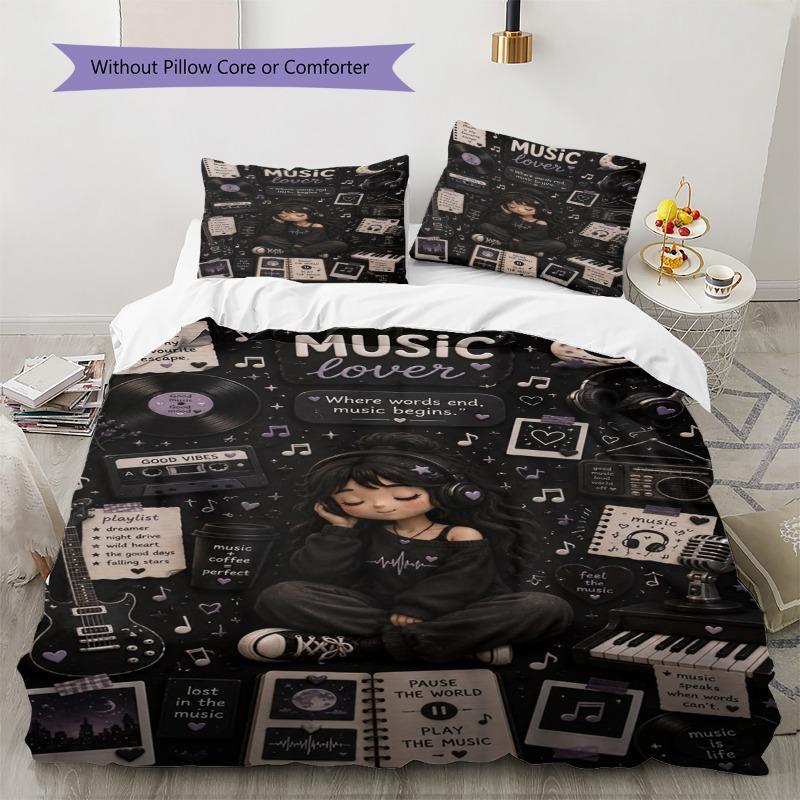 Music Lover Girl Vinyl Record Print 3 Pieces Duvet Cover Set Music Theme Bedding Set Bedroom Home Decor Without Pillow Core Comforter