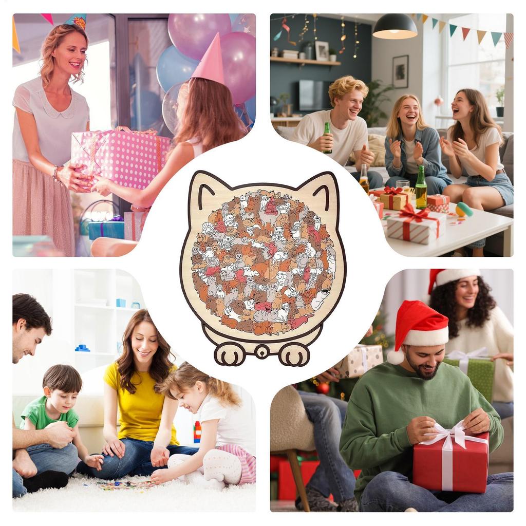135 PCS Cat-shaped Wooden Jigsaw Puzzle Unique Irregular Puzzle Pieces Game Birthday Xmas Gifts for Cat Lovers Home Decorations