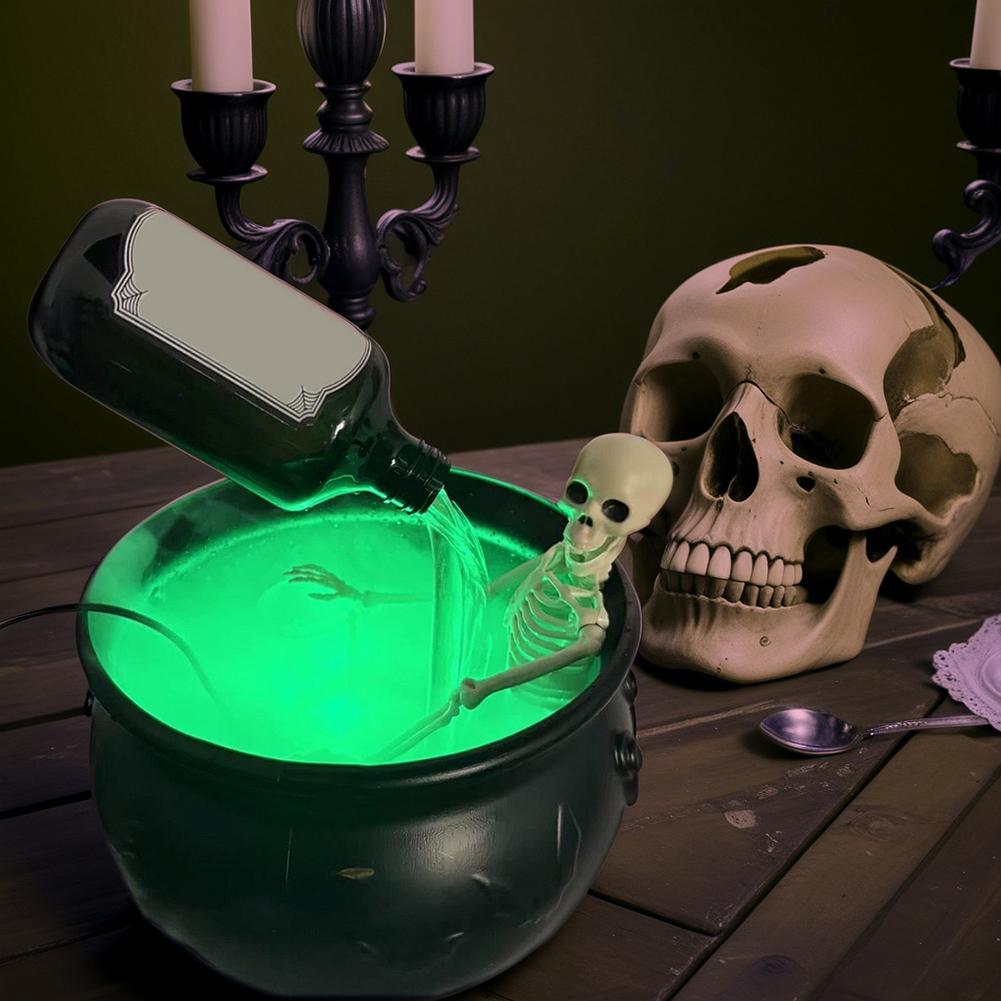 Spooky Witch Mist Maker Cauldron with Floating Bottle, Black Plastic Cauldron & Skeleton Halloween Decor LED Cauldron with Smoke