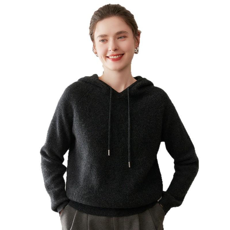 Women's Cashmere Drawstring Hoodie: Autumn & Winter Long Sleeve Knit Sweatshirt