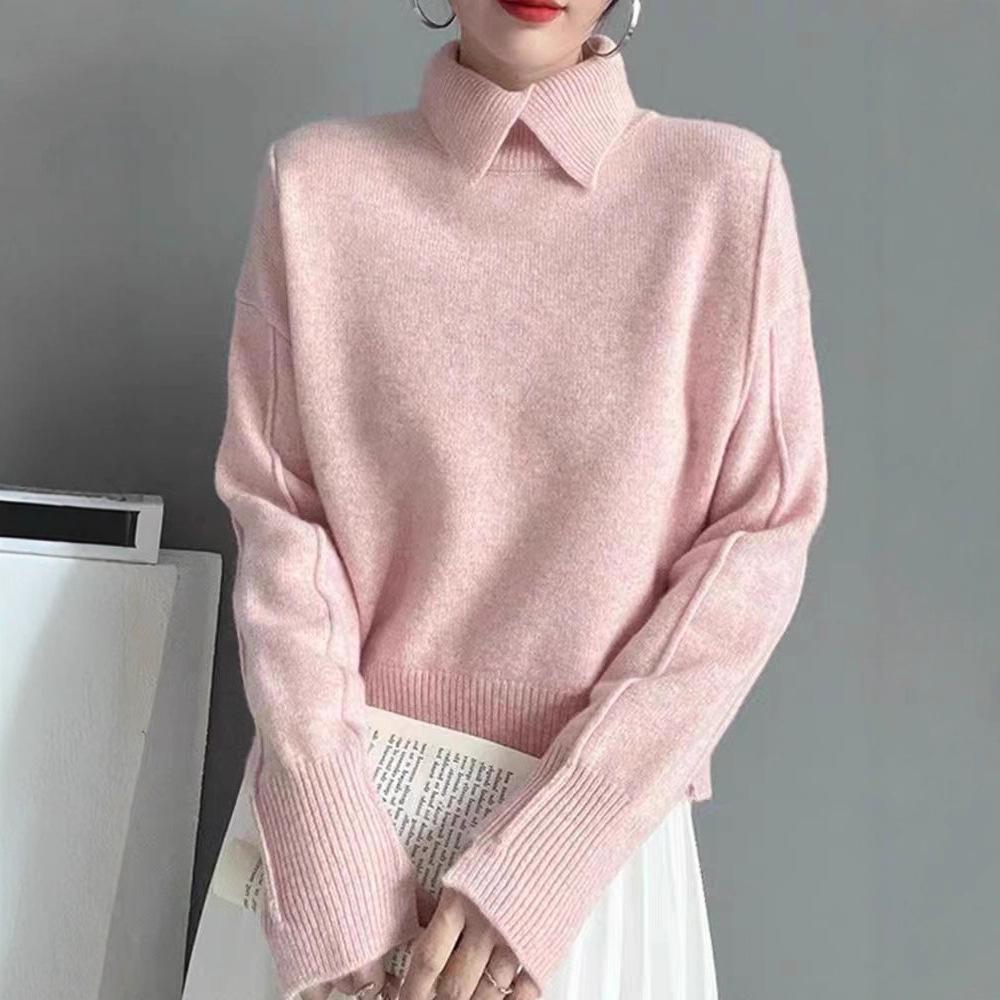 Solid-color Sweater Women Loose Long-sleeved Pullover with Lapel Paired with Turtleneck Loose Knitted Base Layer Top