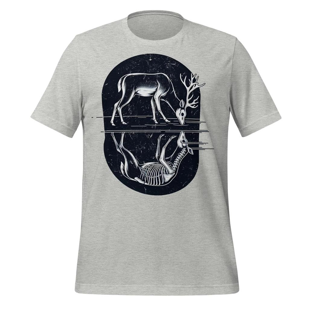HEISSER VERKAUF Leben und Tod Hirsch Spiegelung T-Shirt Surrealer Hirsch und Skelett T-Shirt Bild T-Shirt Grafik Mode Lässig Weiche T-Shirts