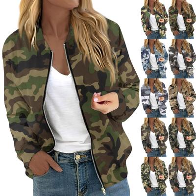 Women's Long Sleeve Zipper Camouflage Print Jacket Casual Quilted With Pockets Jacket
