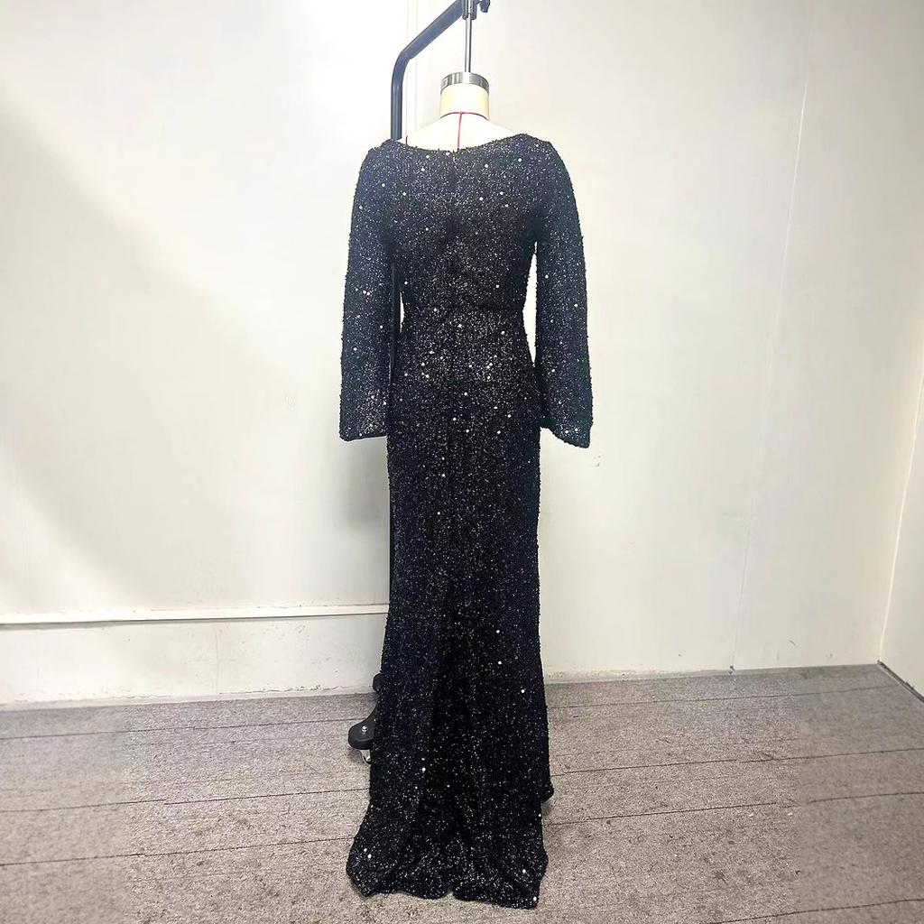 European and American spring and summer new fashion V-neck hip wrap sequins European and American dresses mid-waist horn sleeves long evening dresses