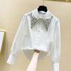 High Quality Pearls Diamonds Collar White Shirt Women Tops Mujer Spring Arrival OL Elegant Blouse Tops Camisas Mujer