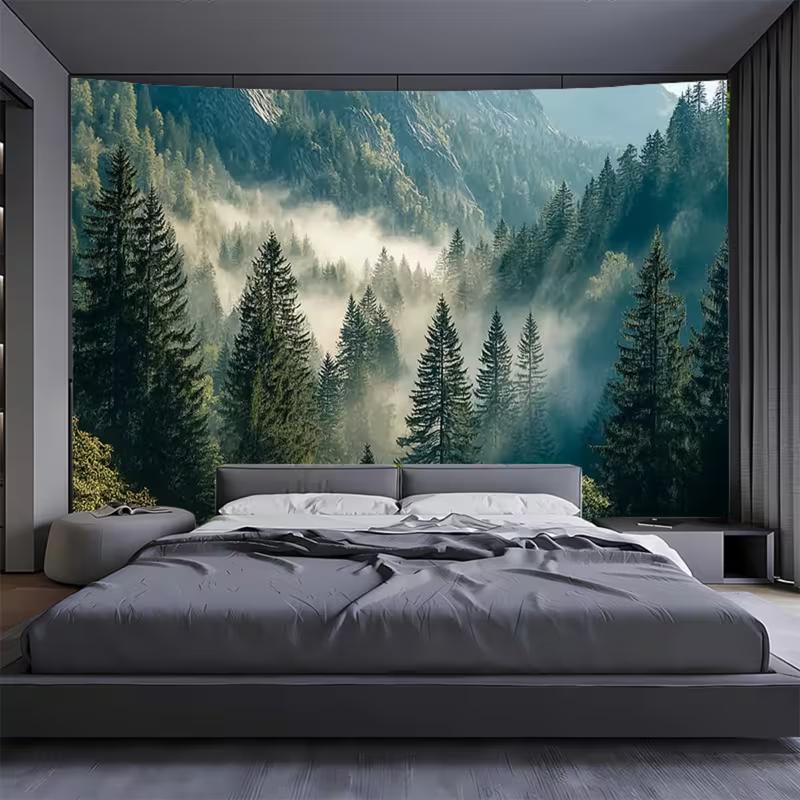 2D Mountain Forest Tapestry, Foggy Pine Tree Nature Scene Wall Hanging 47.2x31.5inch/120*80cm