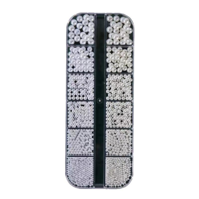 24-Grid Nail Art Pearl Rhinestones: Half & Full Round Off White and Pure White Mix