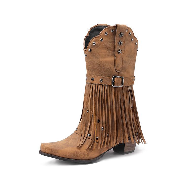 European and American Ethnic Style Square Head Fringed Fashion Boots Women's New Thick Heel Sleeve Fashion Western Cowboy Boots