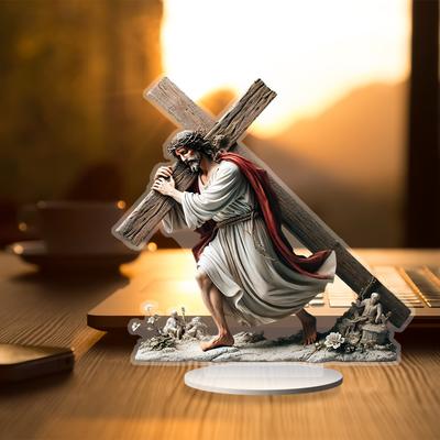 Akryl flat 2D Jesus og kors statue skrivebords religiøs dekorasjon egnet for hjem, kontor soverom Nyttår julepynt 5,91 tommer/15 cm