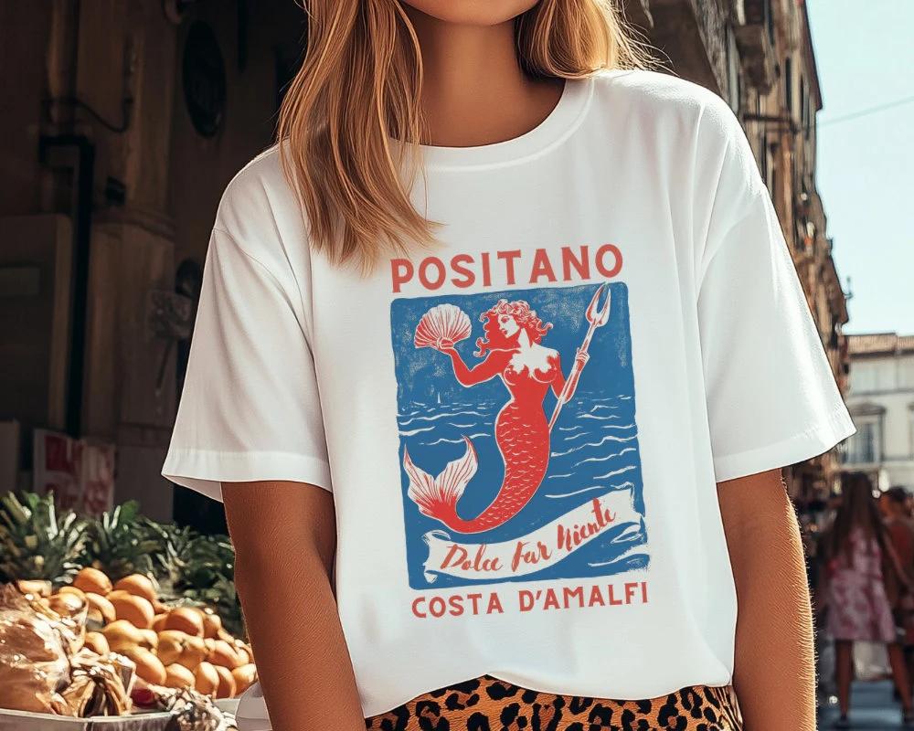 

Summer Womens Vintage Positano Mermaid TShirt Cotton and Breathable Short Sleeve Streetwear Oversized Loose Casual 4XL