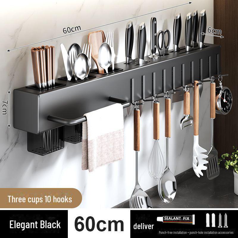Wall-Mounted Multifunctional Kitchen Rack: Thickened Knife, Chopstick & Vegetable Knife Holder, Punch-Free Storage