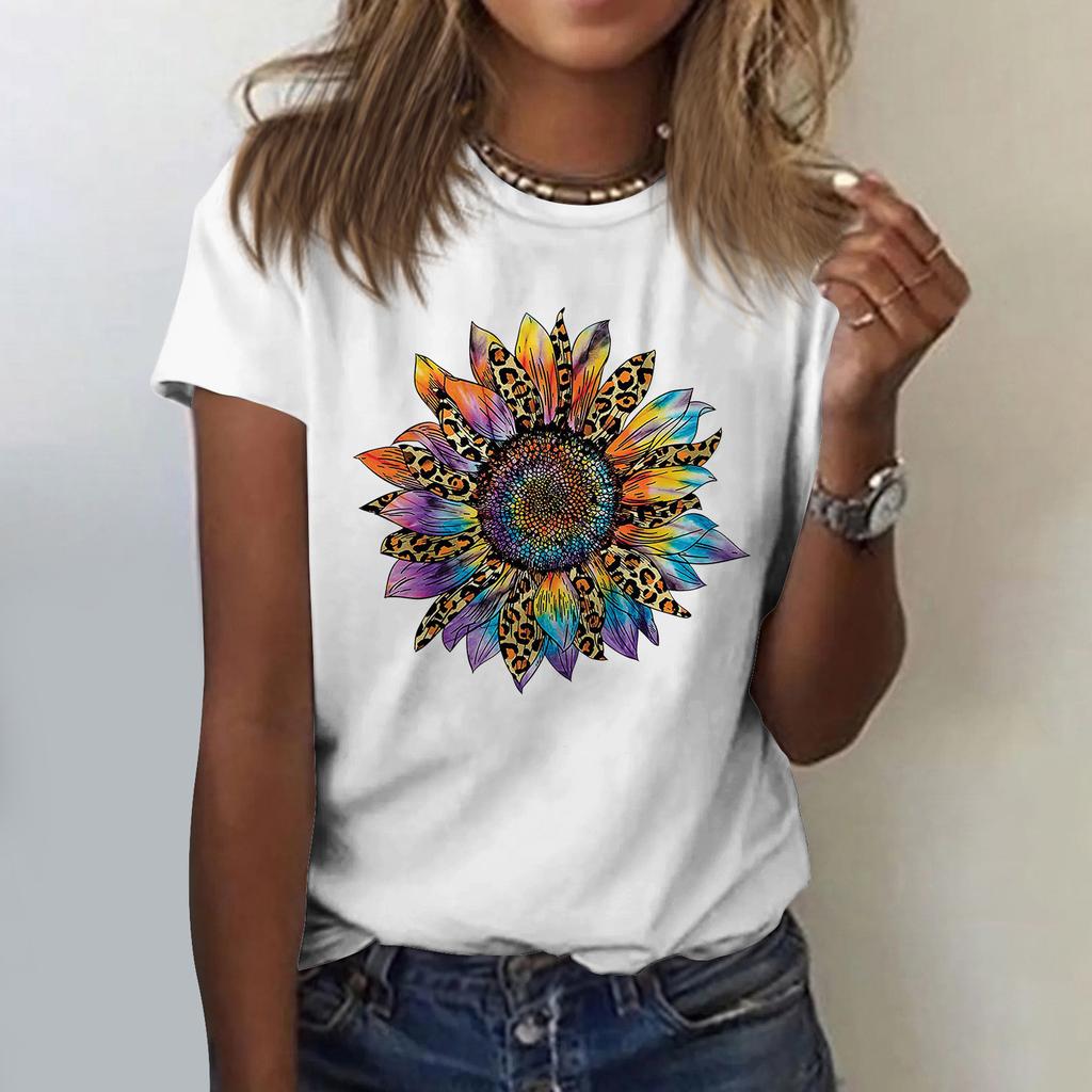 Sunflower Ladies Cute Print Short Sleeve Round Neck Front Shoulder Vintage Short Sleeve Summer Loose Shirt Top