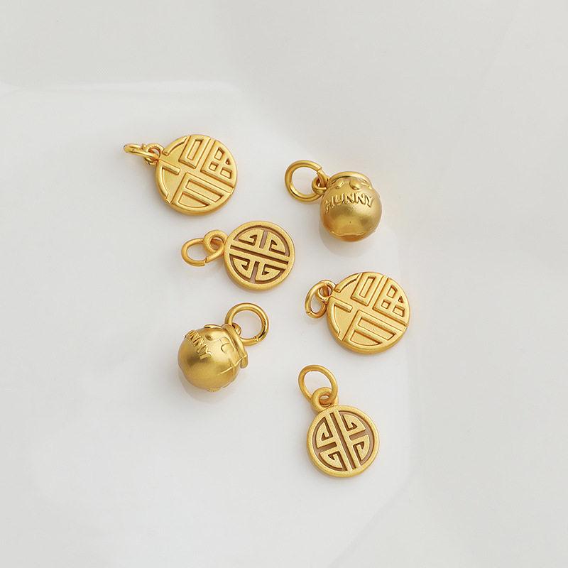 Gold-Plated Sand Gold Fu Character Dog Tag Pendant - Hollow Retro Design, DIY Handmade Honey Pot, Good Luck Charm Accessory