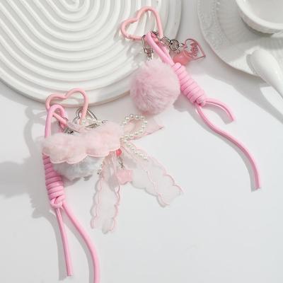 Autumn & Winter Sweet Casual Pompom Bow & Heart Woven Keychain Charm