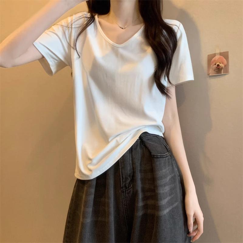 Simple and fashionable bottoming shirt U-neck front shoulder T-shirt women's short-sleeved white top spring and summer loose and casual