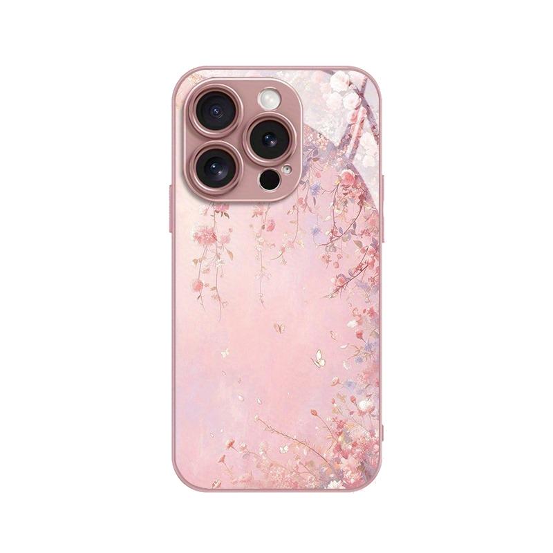 Olejomalba Růžové Květiny Metalická Barva Tvrzené Sklo Pouzdro na Telefon Pro iPhone 11 12 13 14 15 16 17 Pro Max Plus 16E 17Air Kryt