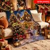 2D Flat Printing 1pc Christmas Snowman Snowy Scene Cabin Christmas Tree and Gift Print Flannel Blanket Single-sided Print Suitable