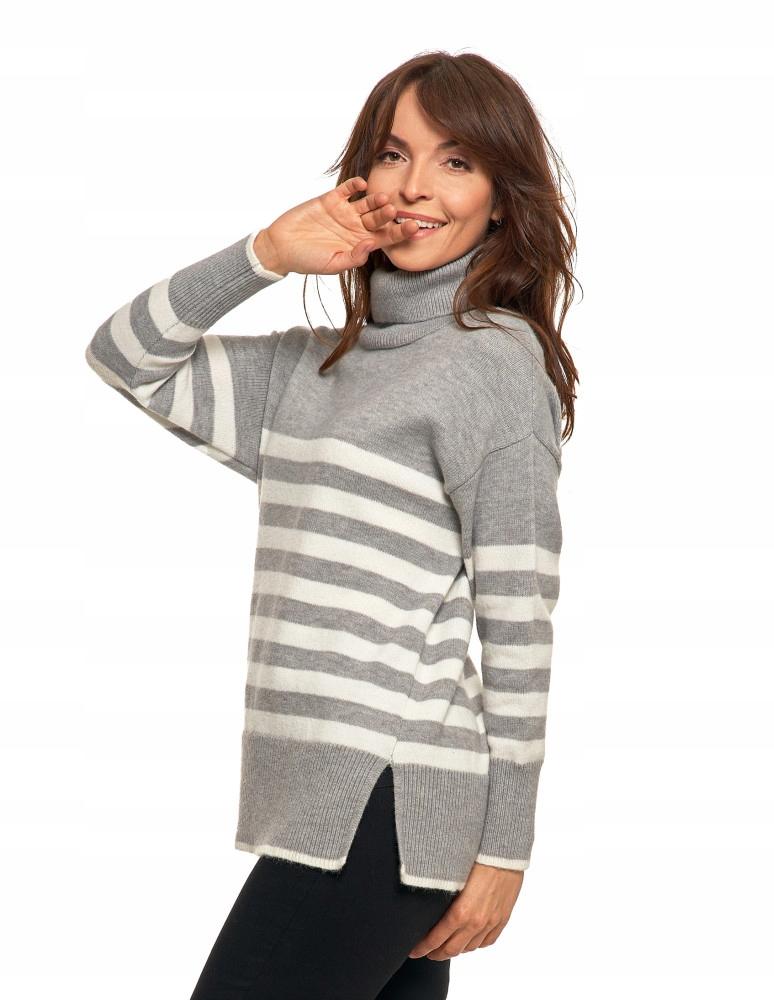 Women's Classic Long Sleeve Striped Turtleneck Sweater MORAJ L Gray