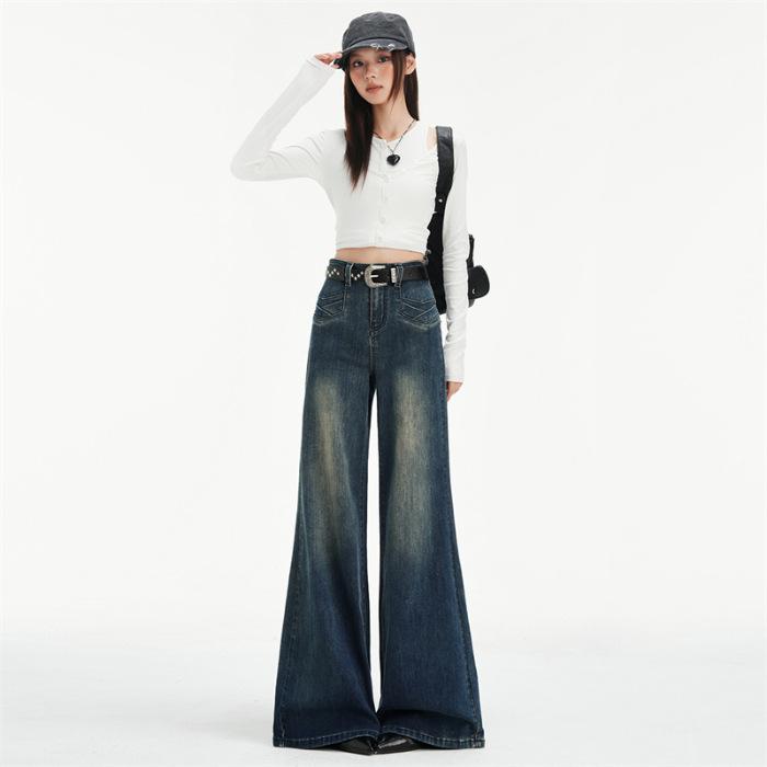 Retro blue high-waisted elastic micro-pull jeans women's 11-year autumn and winter explosion, thin hip-lifting floor pants