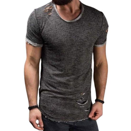 Summer T-shirt Solid Color Short Sleeve Cotton Blend Hole Design Top Pullover for Men T-shirt