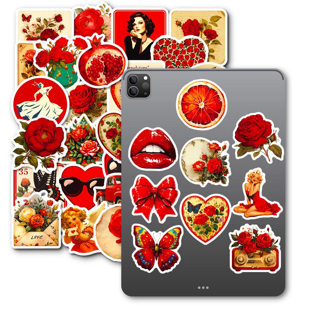 50Pcs Red Aesthetic Vintage Rose Stickers - Non-repeating Decals for Phone/Notebook/Cup Decor