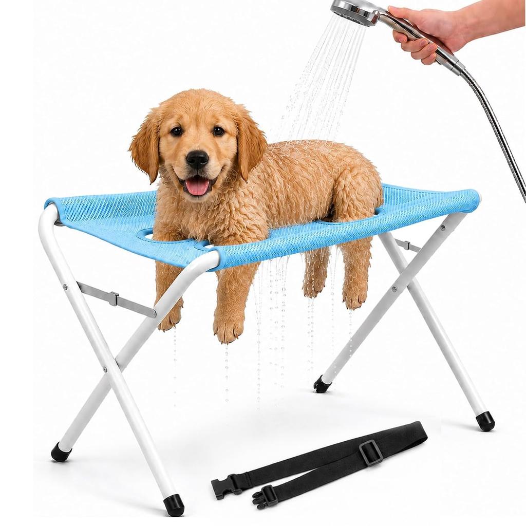 Dog Bath Station, Foldable Pet Grooming Bath Stand with Mesh Platform and Adjustable Strap, Portable Dog Washing Station for Home Grooming
