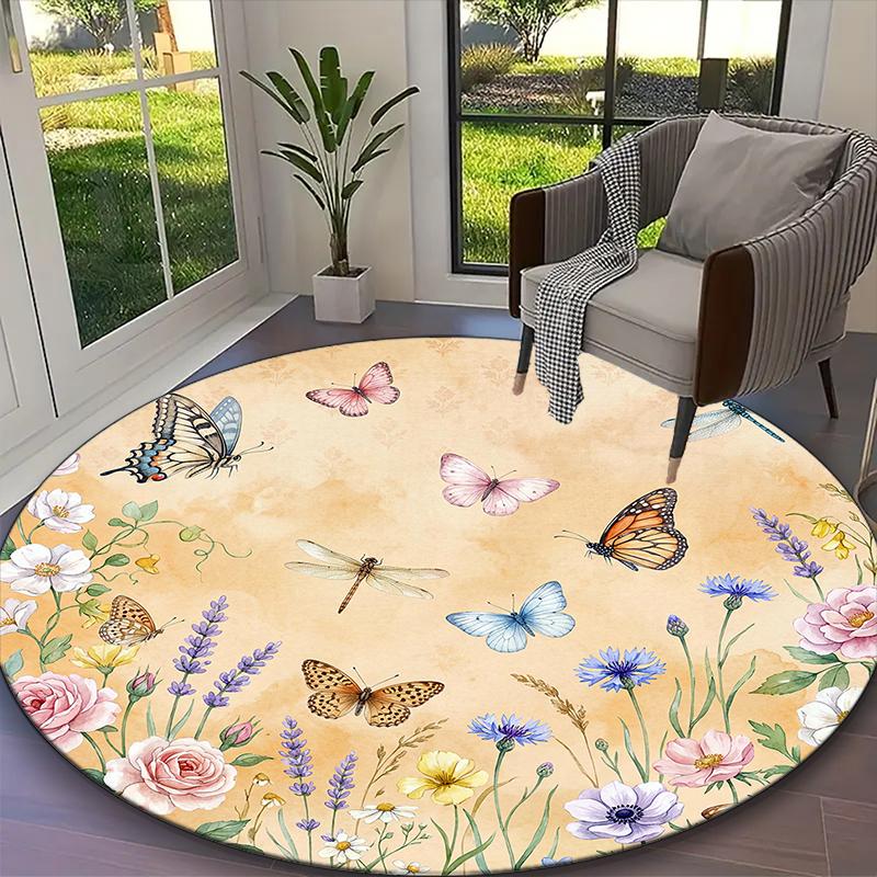 [1pc Floral Dragonfly Butterfly Office Carpet] Easy Maintenance Chair Rug for Conference Room Use, Durable Round Sofa Floor Mat