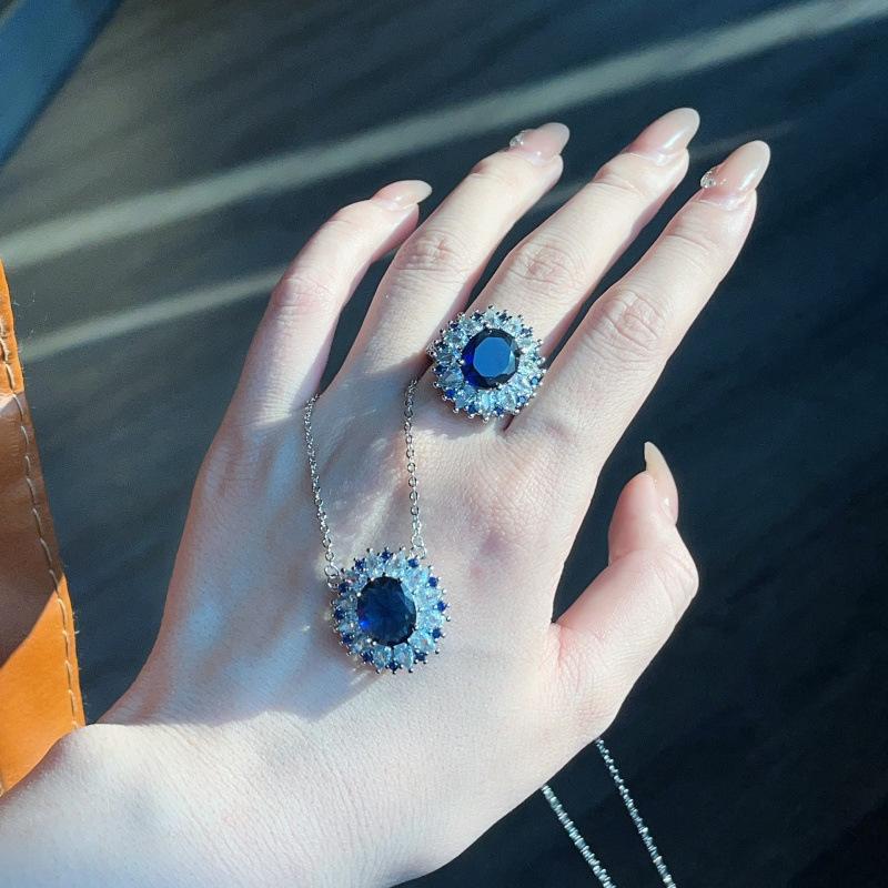 Hot Pop Simulation Jewelry High Jewelry Blue Stud Earrings Necklace Three-Piece Set