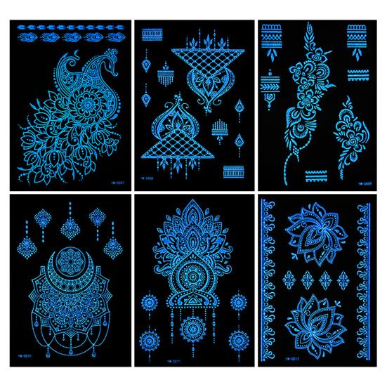 6Pcs Glow in Dark Tattoo Stickers, Lace Temporary Body Art for Hands, Waterproof Indian Mehndi Tattoos for Women Girls