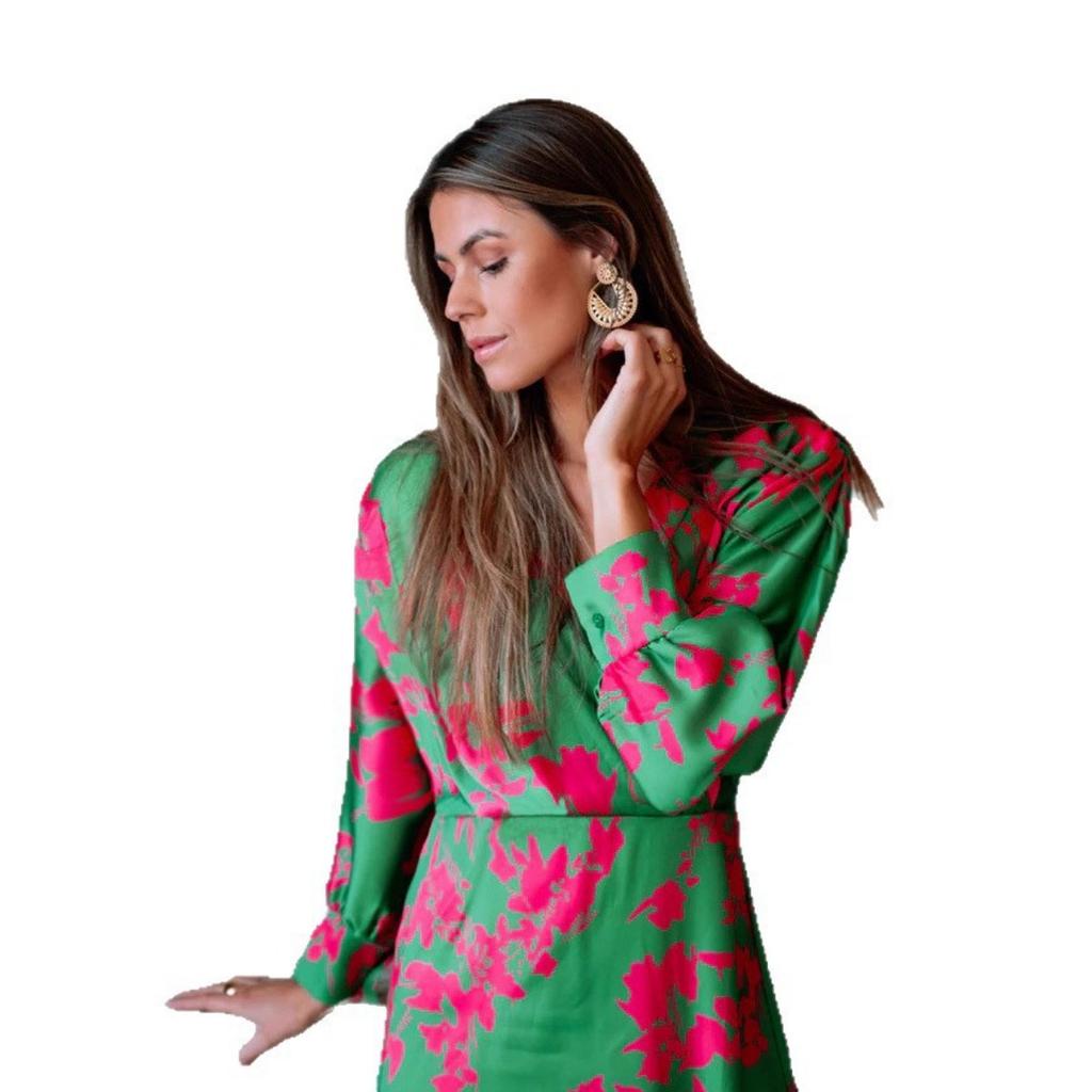 Women's Fall New Elegant Floral Printed V-neck Lantern Sleeve Long Maxi Dress for Leisure