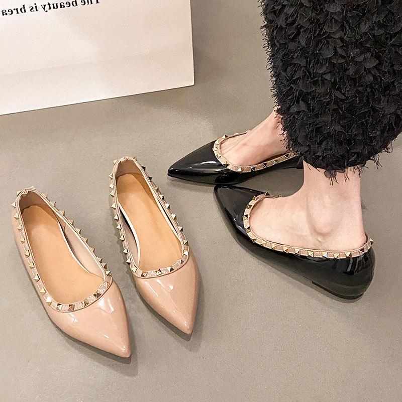 Soft Leather French Inner Heightening Temperament Pointed Single Shoes Women's New Summer Flat-bottomed Rivets Soft-soled Ladyshoes