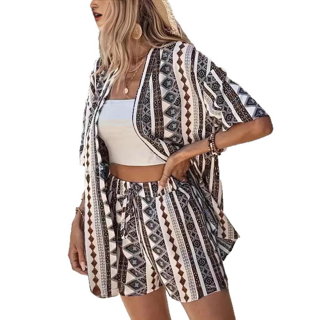 2025 Trendy Vacation Print Two-Piece Set: Elegant Short Sleeve Top & Tie-Waist High Waist Shorts