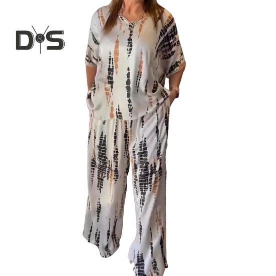 

Женский комплект из двух предметов больших размеров, летний повседневный топ с круглым вырезом и короткими рукавами, широкие брюки, свободный наряд на весну, лето и осень M абрикосовый