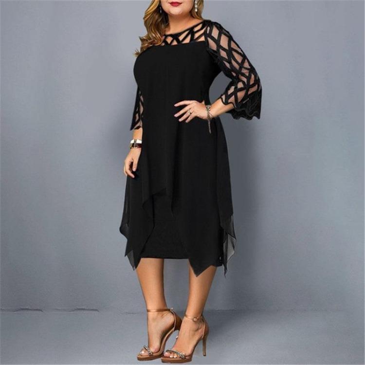Casual Lace Stitching Chiffon Long Skirt Ladies Loose Dress European American Three Quarter Sleeves Irregular Hem
