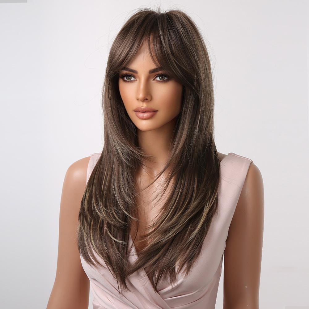 Miękkie, proste, brązowe, warstwowe peruki syntetyczne z długą grzywką