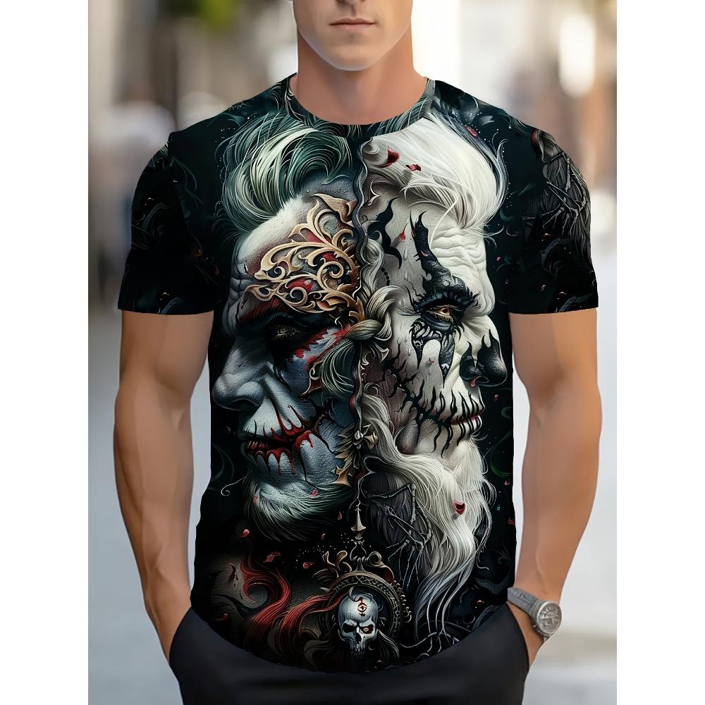 Men s Gothic Print T-shirt, polyester material casual round-neck shirt S