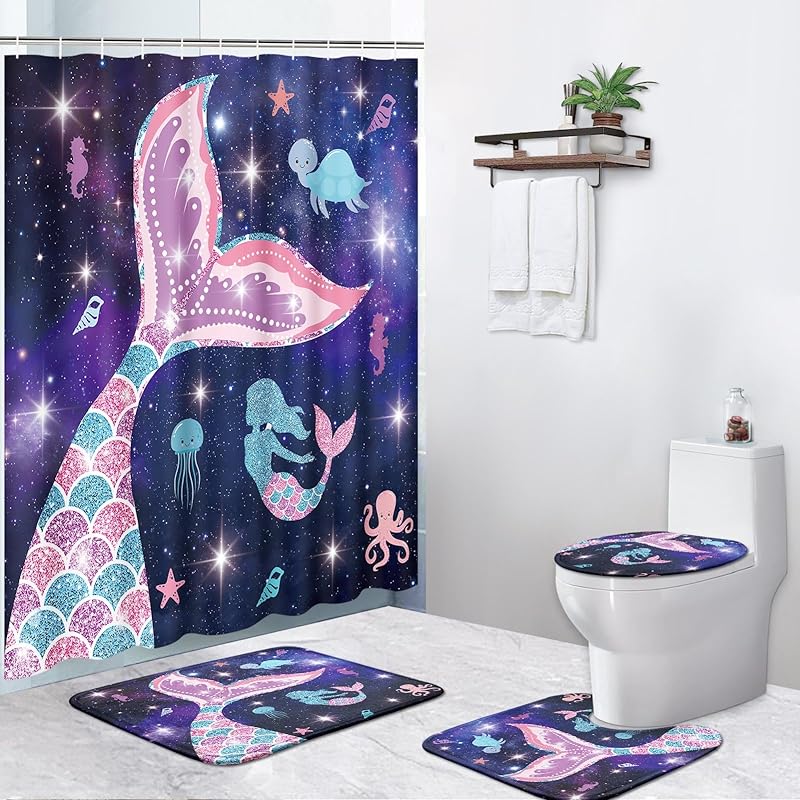 4 Pcs Shower Curtain Sets, Cute Unicorn Mermaid Cub Kids Rainbow Waterproof Bathroom Sets with Non-Slip Rugs, Toilet Lid Cover and Bath Mat,